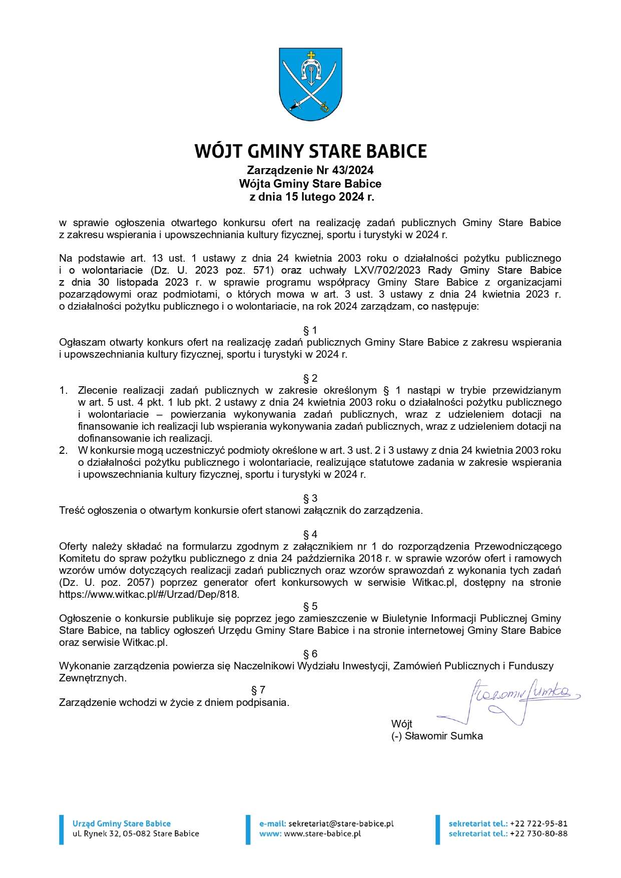 Zarządzenie Nr 43/2024 Wójta Gminy Stare Babice z dnia 15 lutego 2024 r.