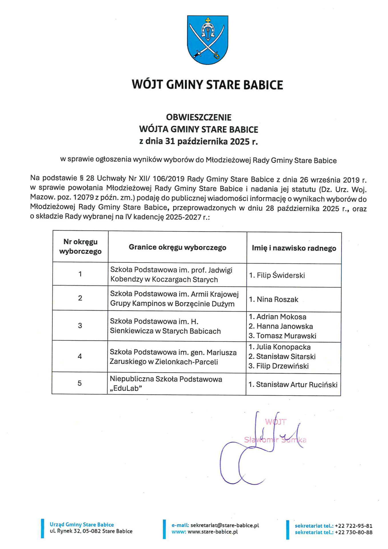 OBWIESZCZENIE WÓJTA GMINY STARE BABICE z dnia 31 października 2025 r.