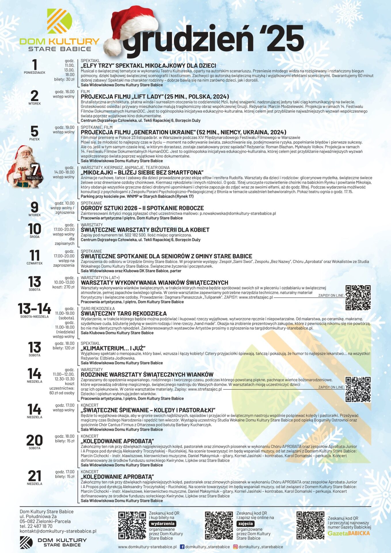 Kalendarz grudniowych wydarzeń organizowanych przez Dom Kultury Stare Babice!