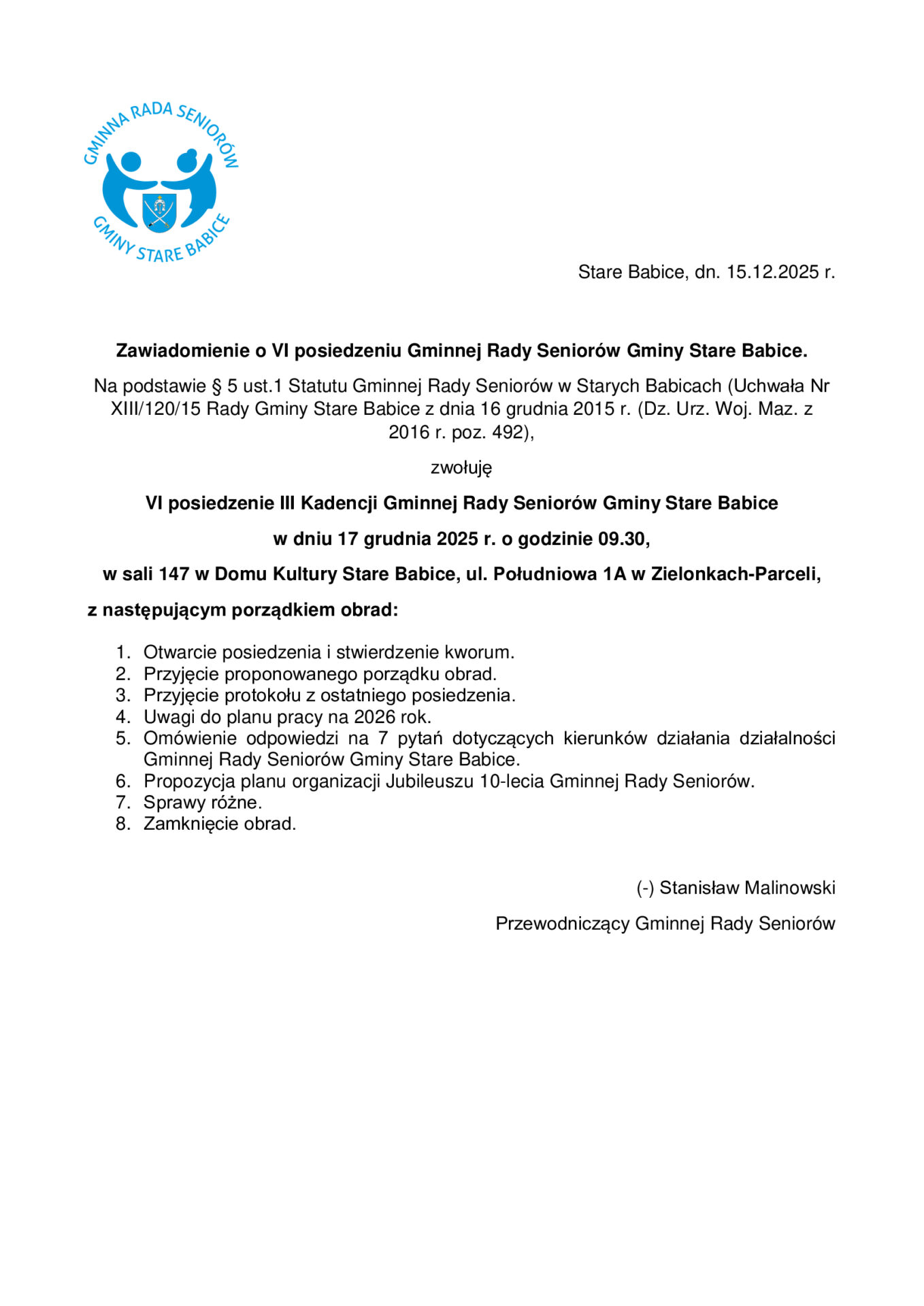 Zawiadomienie o VI posiedzeniu Gminnej Rady Seniorów Gminy Stare Babice