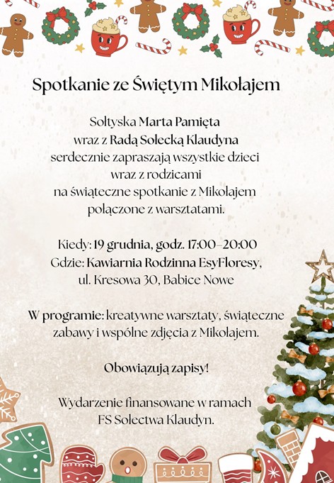 Sołectwo Klaudyn zaprasza na świąteczne spotkanie ze Świętym Mikołajem