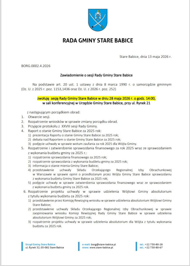 Zawiadomienie o Sesji Rady Gminy Stare Babice