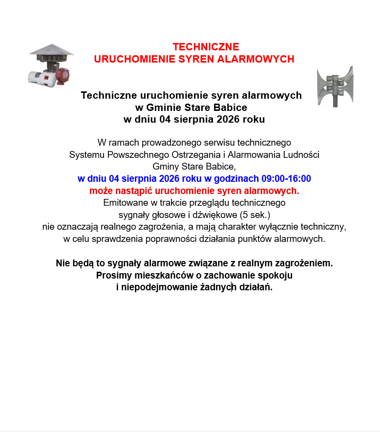 Techniczne uruchomienie syren alarmowych w Gminie Stare Babice w dniu 4 sierpnia 2026 roku