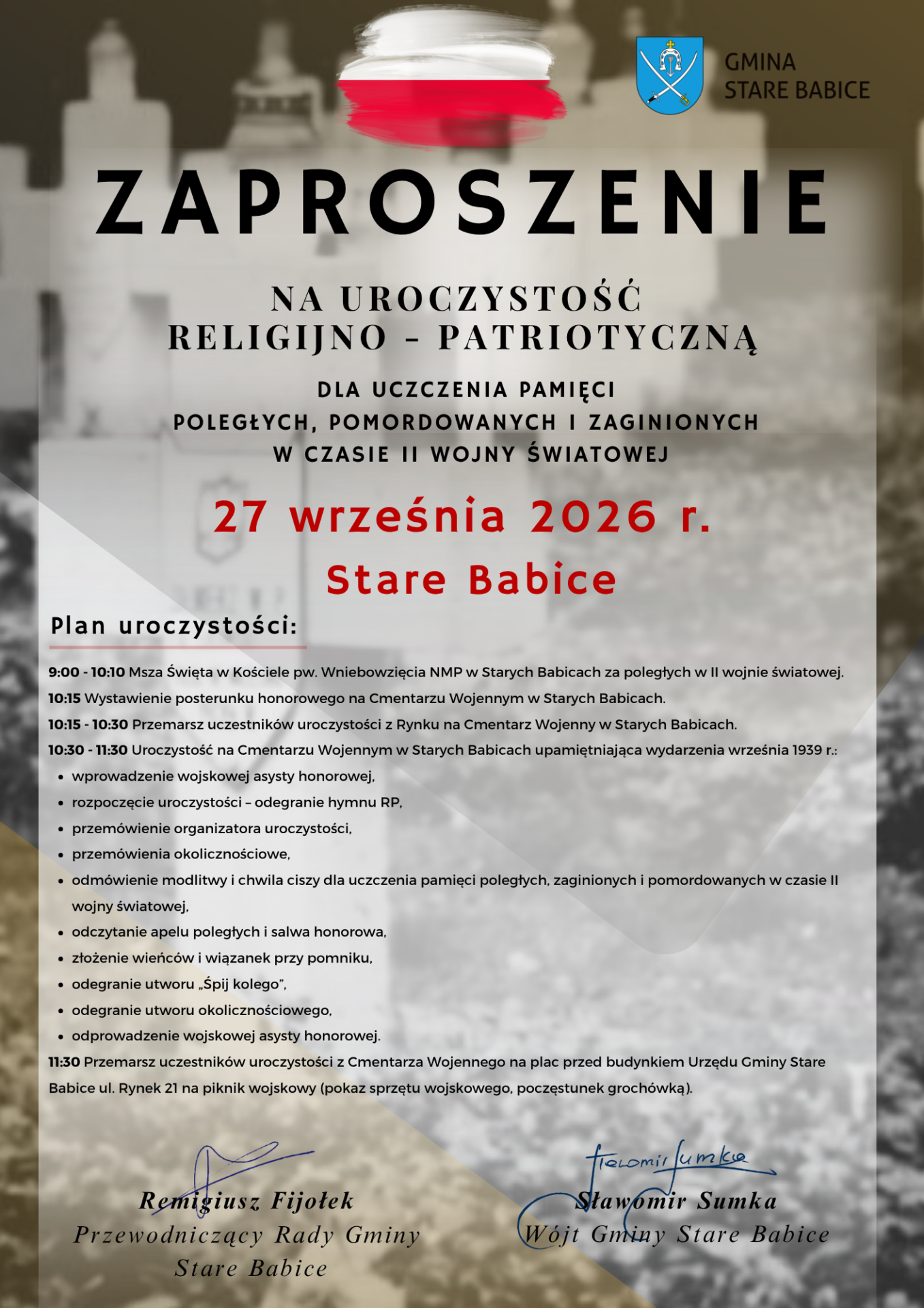 Zaproszenie na uroczystość religijno-patriotyczną dla uczczenia pamięci poległych, pomordowanych i zaginionych w czasie II wojny światowej
