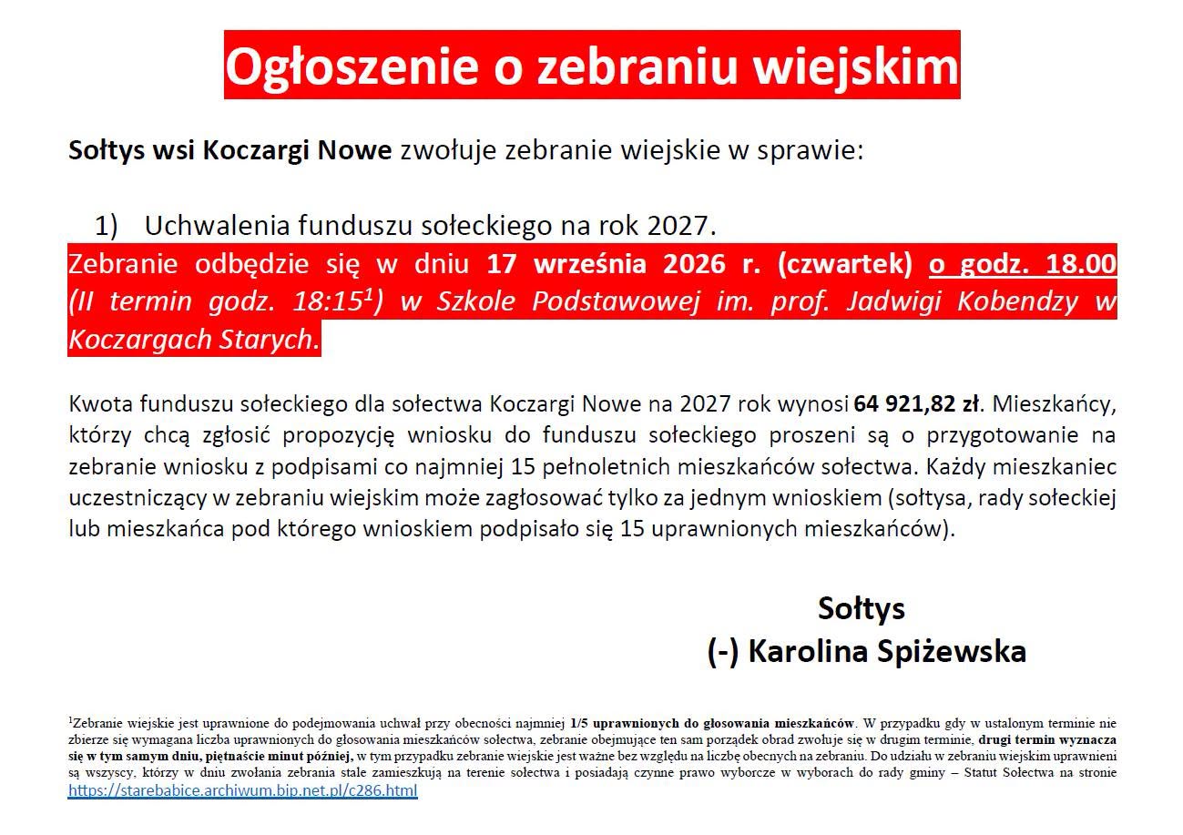 Ogłoszenie o zebraniu wiejskim wsi Koczargi Nowe