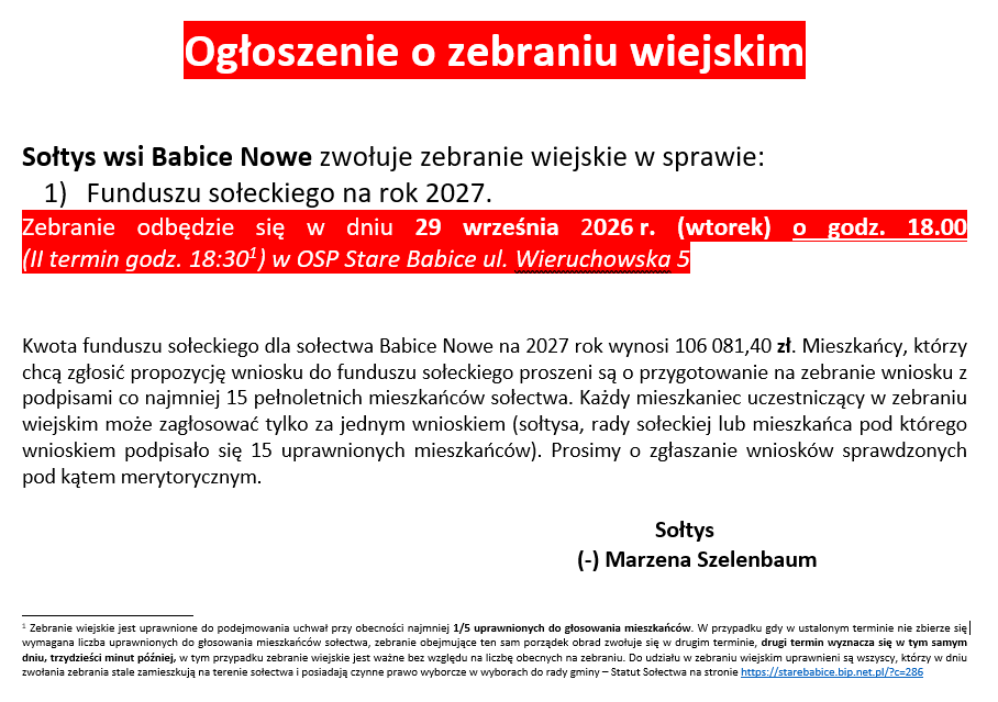 Zebranie wiejskie wsi Babice Nowe