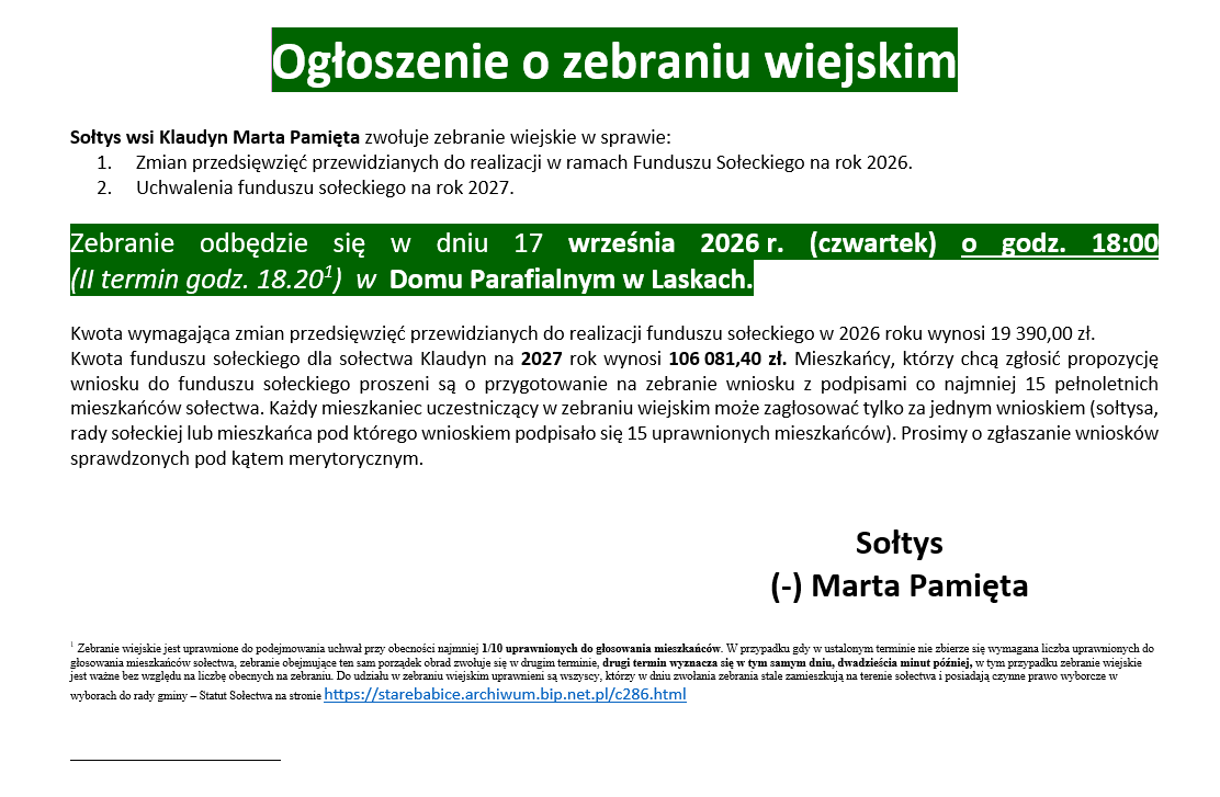 Zebranie wiejskie wsi Klaudyn