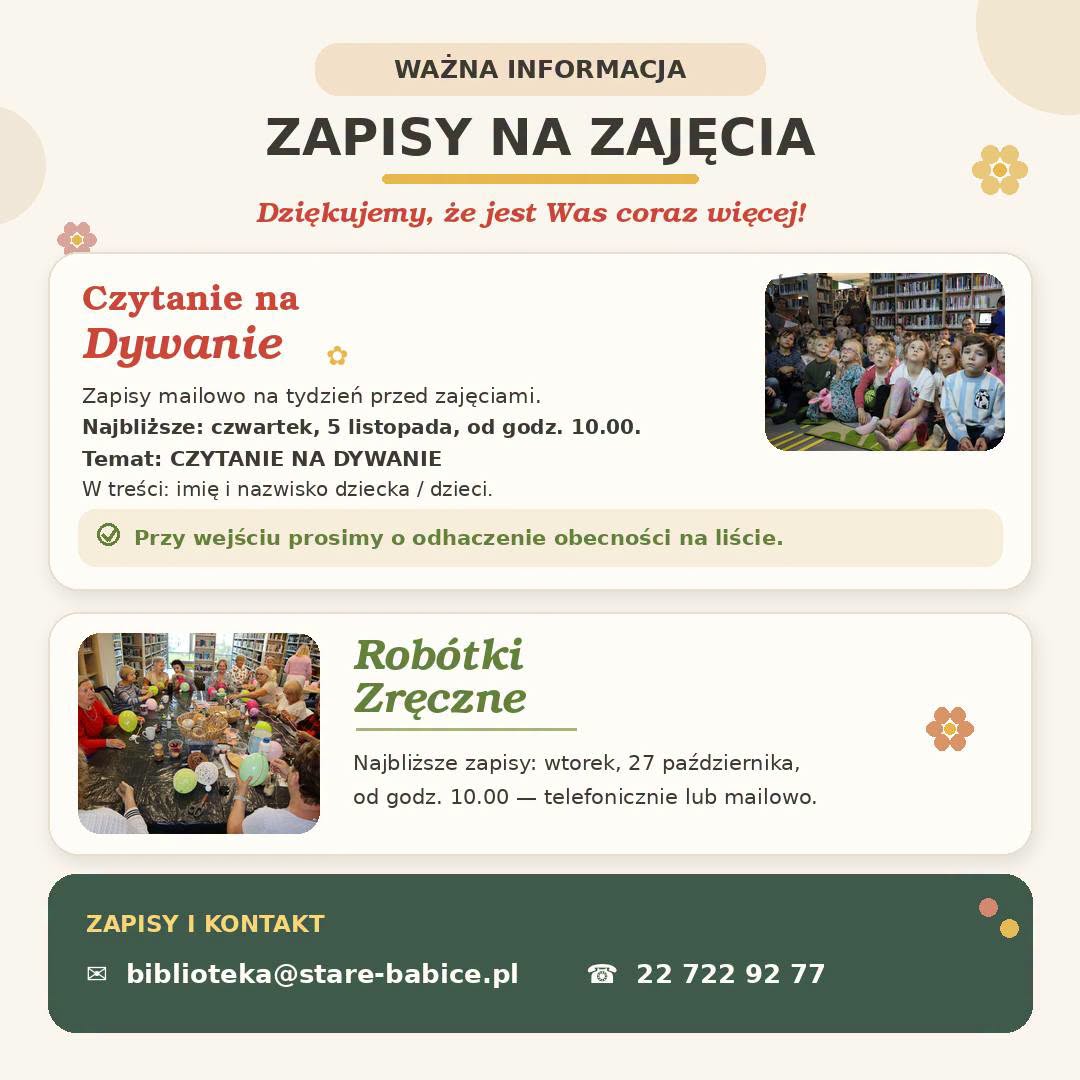 Zapisy – Czytanie na Dywanie/ Robótki Zręczne