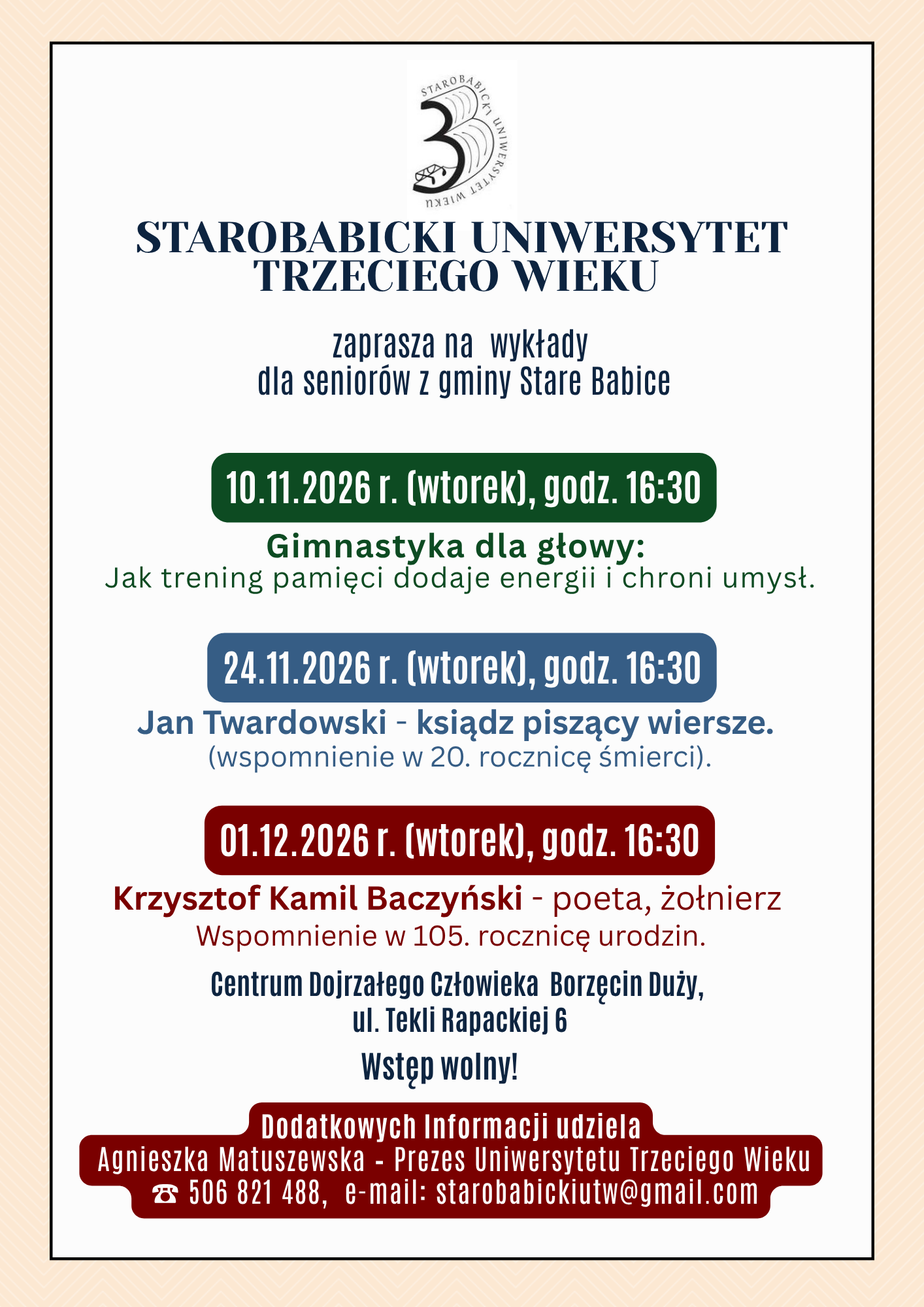 📚 Starobabicki Uniwersytet Trzeciego Wieku zaprasza na listopadowe i grudniowe wykłady!